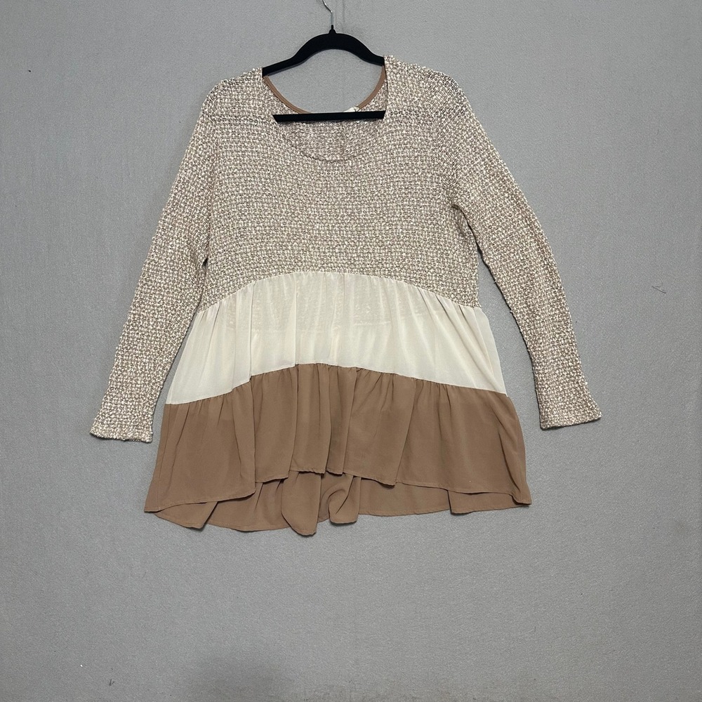 Entro‎ Colorblock Babydoll Tunic Top M Boho Tiered Ruffle Neutral Cottagecore